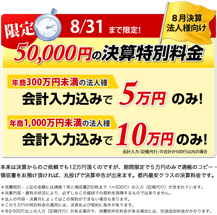 限定 5/31まで限定 5月決算法人様向け 50,000円の決算特別料金 年商300万円未満の法人様 会計入力込みで5万円のみ！ 年商1,000万円未満の法人様 会計入力込みで10万円のみ！
