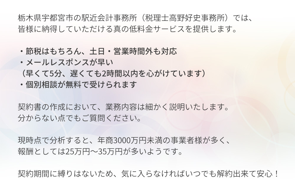 栃木県宇都宮市の駅近会計事務所（税理士高野好史事務所）では、皆様に納得していただける真の低料金サービスを提供します。  ・節税はもちろん、土日・営業時間外も対応 ・メールレスポンスが早い（早くて5分、遅くても2時間以内を心がけています） ・個別相談が無料で受けられます  契約書の作成において、業務内容は細かく説明いたします。 分からない点でもご質問ください。  現時点で分析すると、年商3000万円未満の事業者様が多く、報酬としては25万円～35万円が多いようです。  契約期間に縛りはないため、気に入らなければいつでも解約出来て安心！